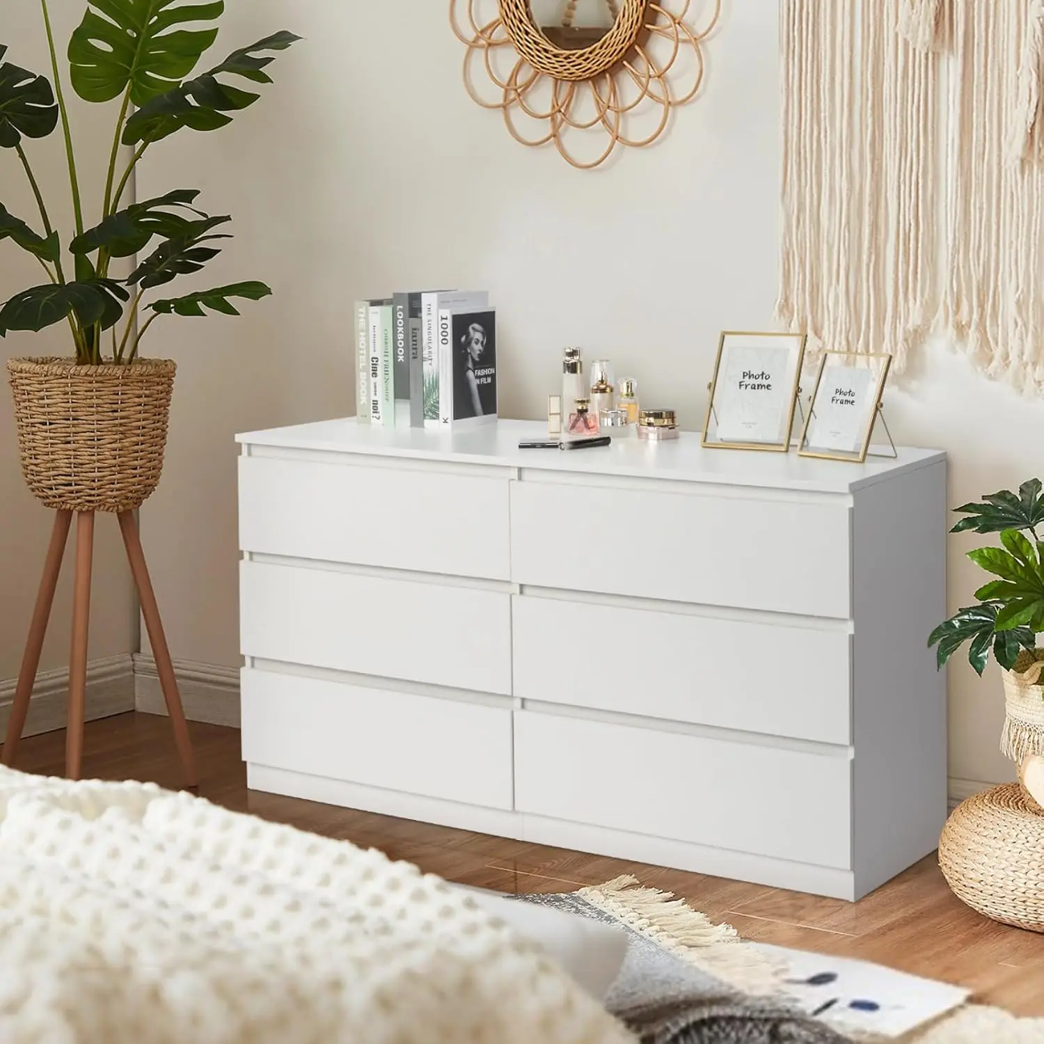 Karl home 6 Drawer Dresser, White Dresser Double Dresser Chest of Drawers, Wood Dressers for Bedroom with Cut-Out Handles, Long