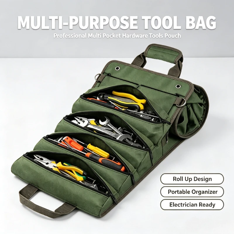 Multi-Purpose Tool Bag for Electrician Professional Multi Pocket Hardware Tools Pouch Roll UP Portable Small Tools Organizer Bag