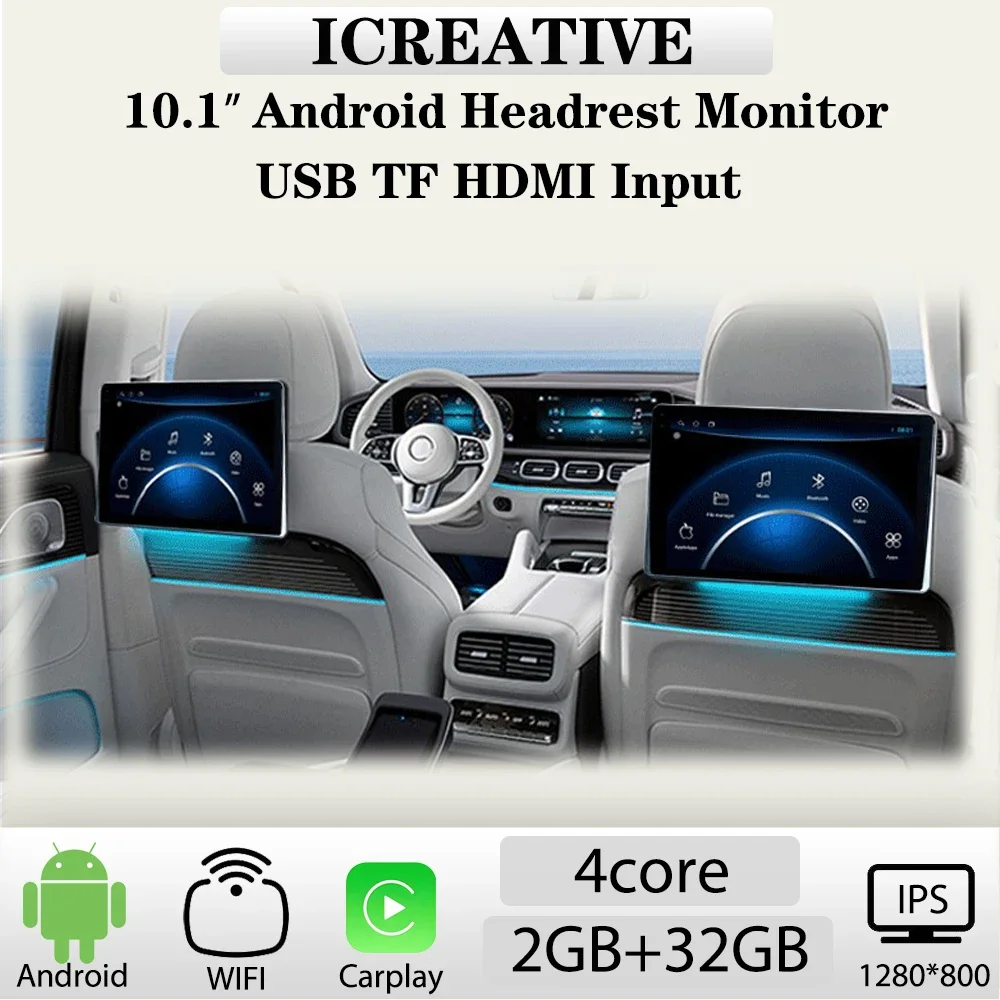 new 10.1 Inch Android Headrest Monitor IPS Display，Car Rear Seats Entertainment Multimedia Carplay Vedio Player USB HDMI Input