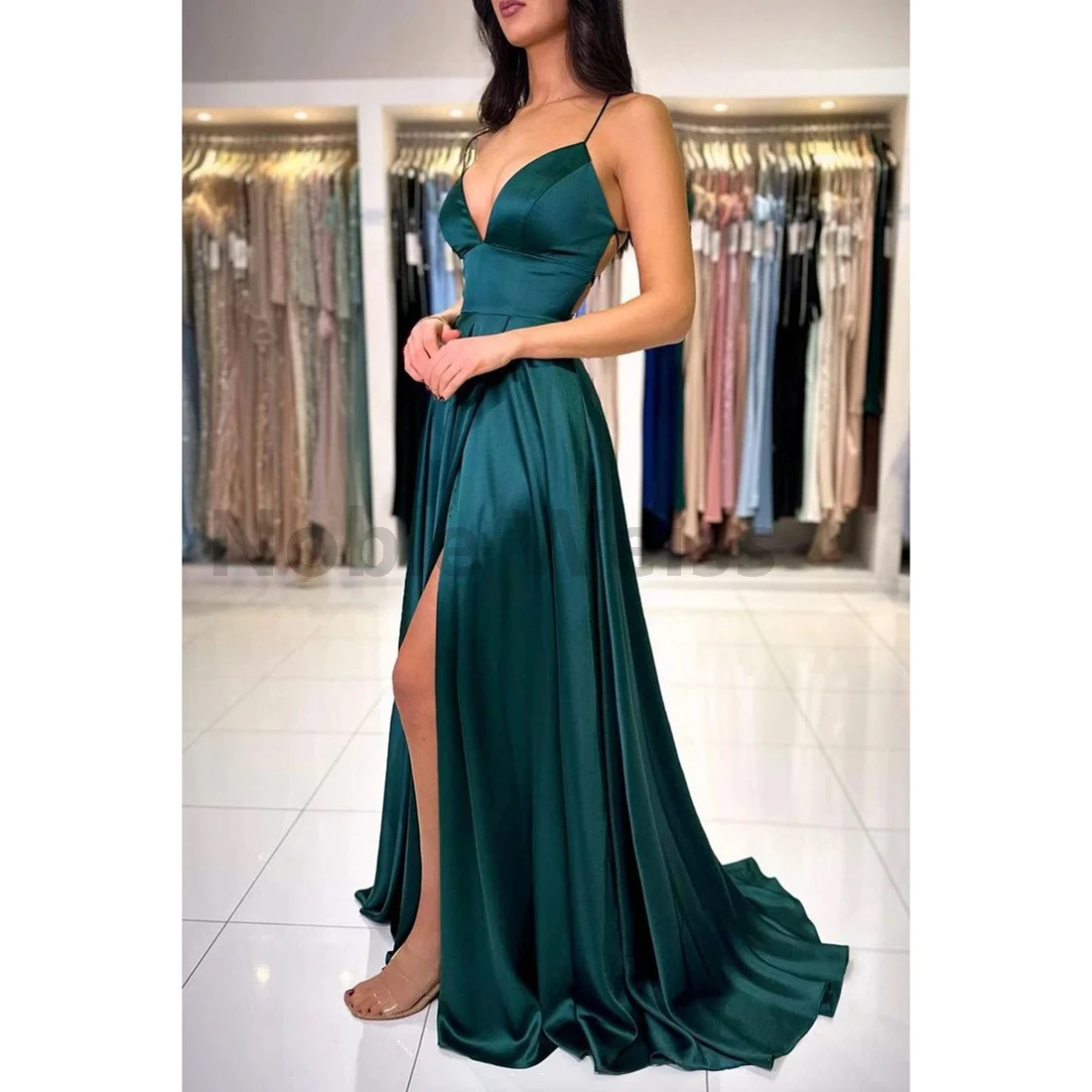 Satin Prom Dress V-Neck Floor-Length A-Line Evening Gown with Split Customize