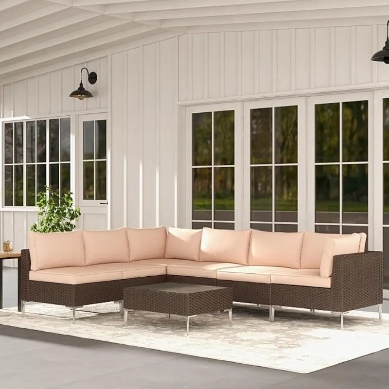 Outdoor Patio Furniture Set, Pieces Outdoor Sectional Sofa PE Rattan Wicker  Conversation Wood Composites Table