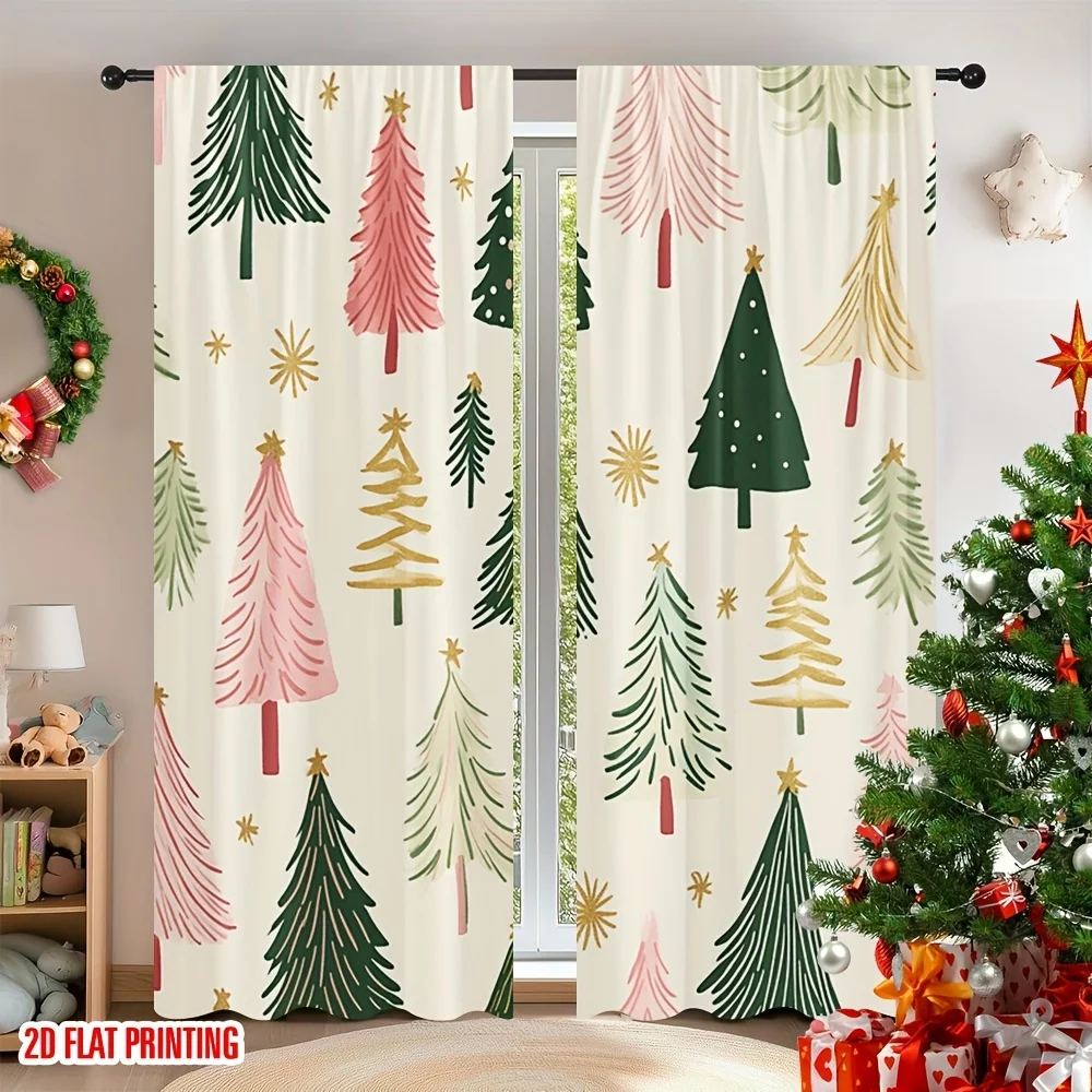2PCS Christmas Curtains, Colorful Tree Star Pink Green, Digital Print, Bedroom Living Room, Rod Pocket Polyester, Home Decor