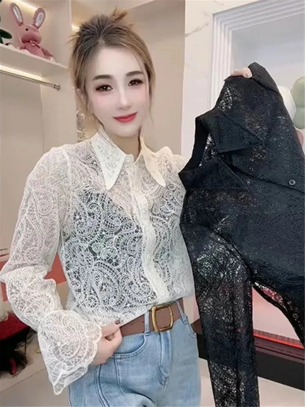 

Ele Lace с объемным воротником irt Женский модный корейский повседневный топ Long Sve для осеннего сезона