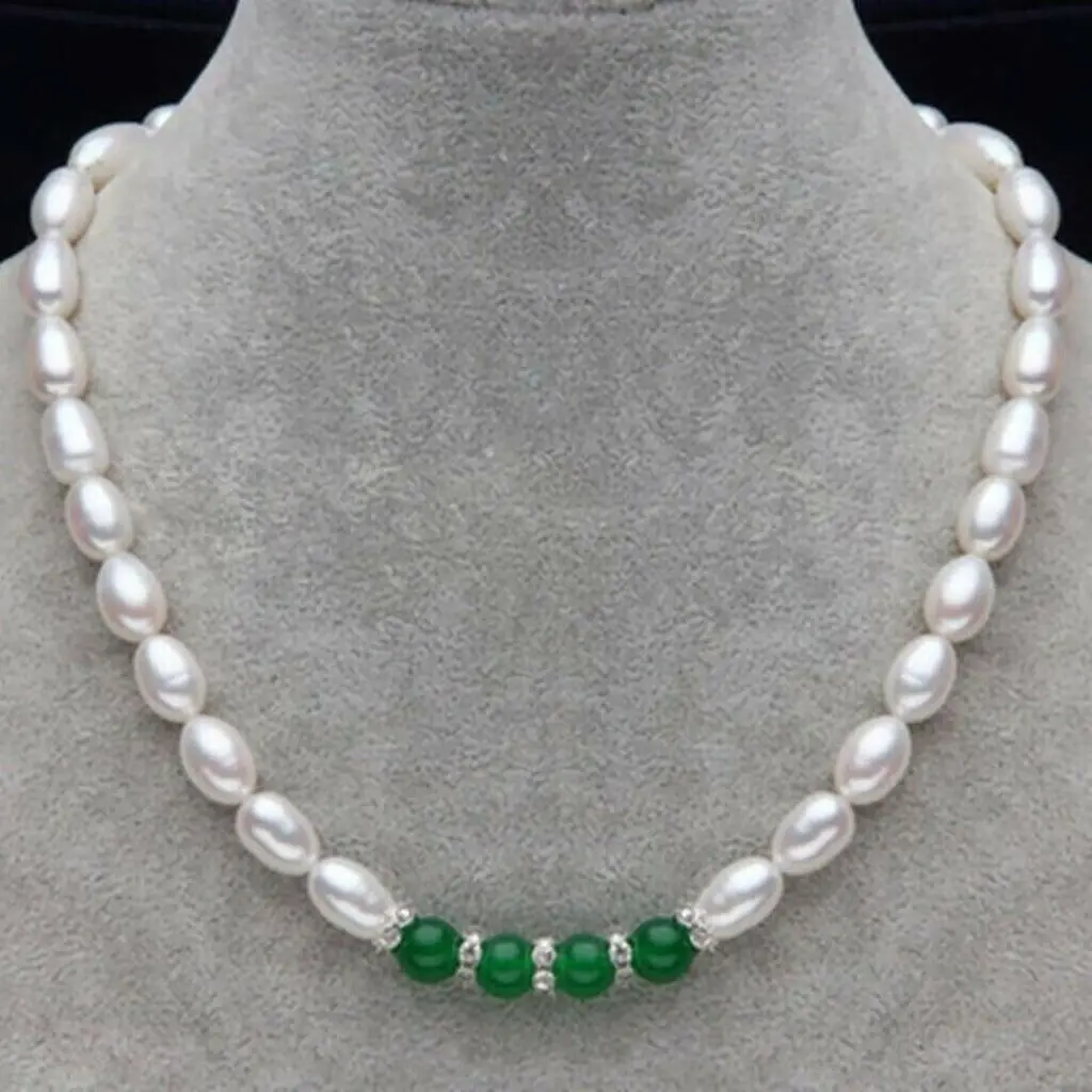 

7-8mm White Akoya Rice Pearl & 8mm Green Jade Gemstone Round Beads Necklace 18''