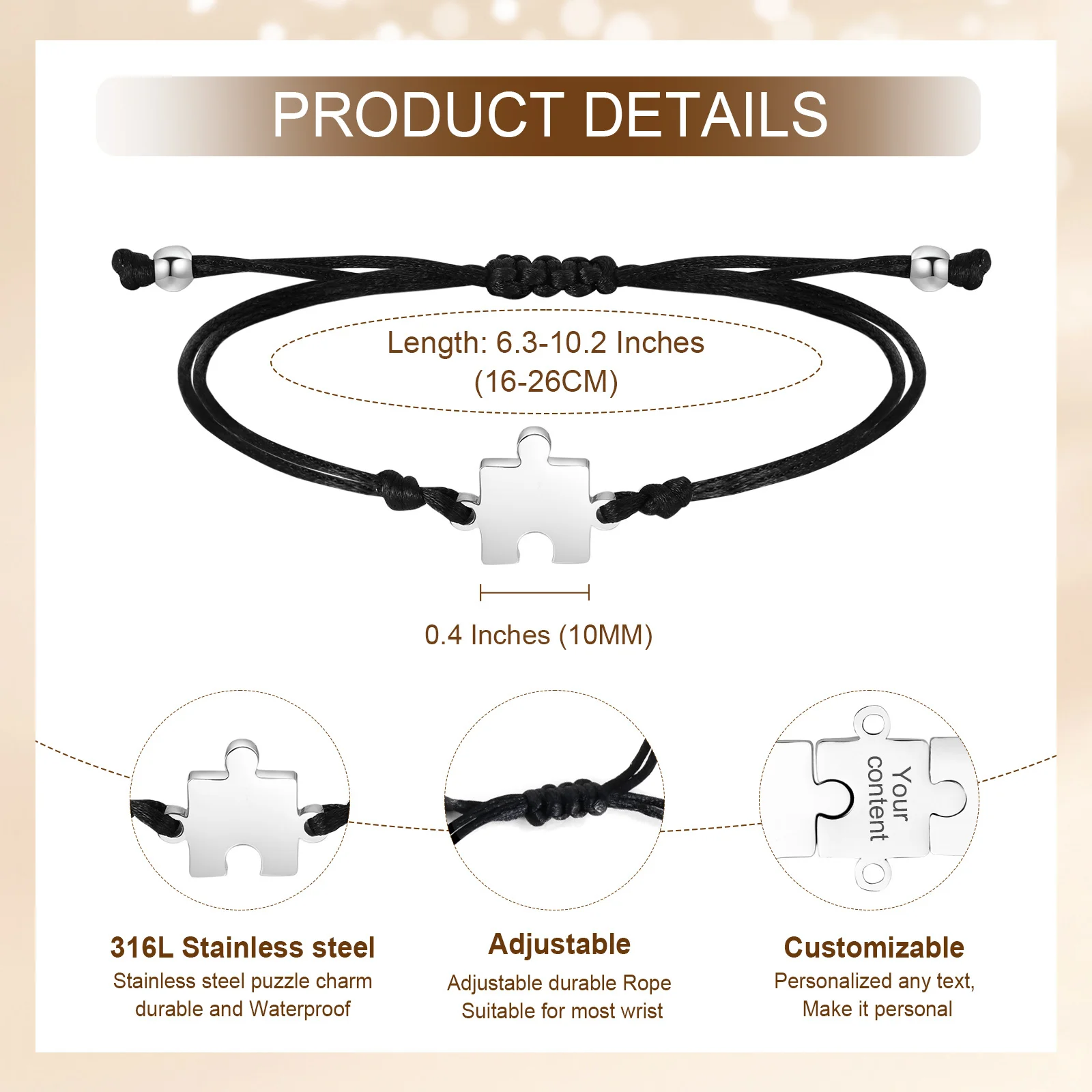 Personalized Name Puzzle Bracelets, Black Rope Adjustable String Wristband for Women Men Sister Friendship BFF Couple Jewelry - view 6