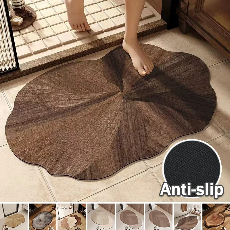 Retro Diatom Mud Bath Mat Quick Drying Anti Slip Super Absorbent Wood Grain Leaf Design for Bathroom Toilet Shower Floor Mat
