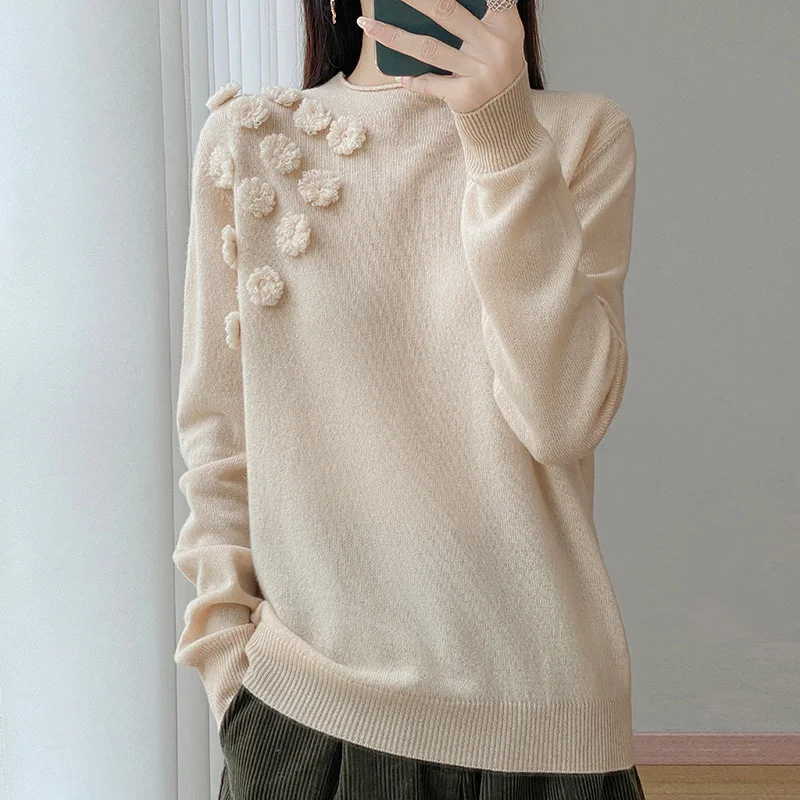 Damestrui van 100% wol met opstaande hals - verfraaid met gehaakte madeliefjes, presentatie elegantie en warmte
