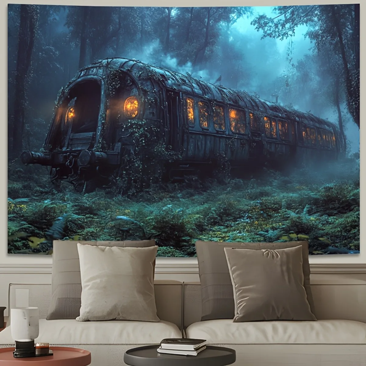 Moody Abandoned Steampunk Train Forest Tapestry Luxury Large Size Gothic Mystery Wall Art Decor Print