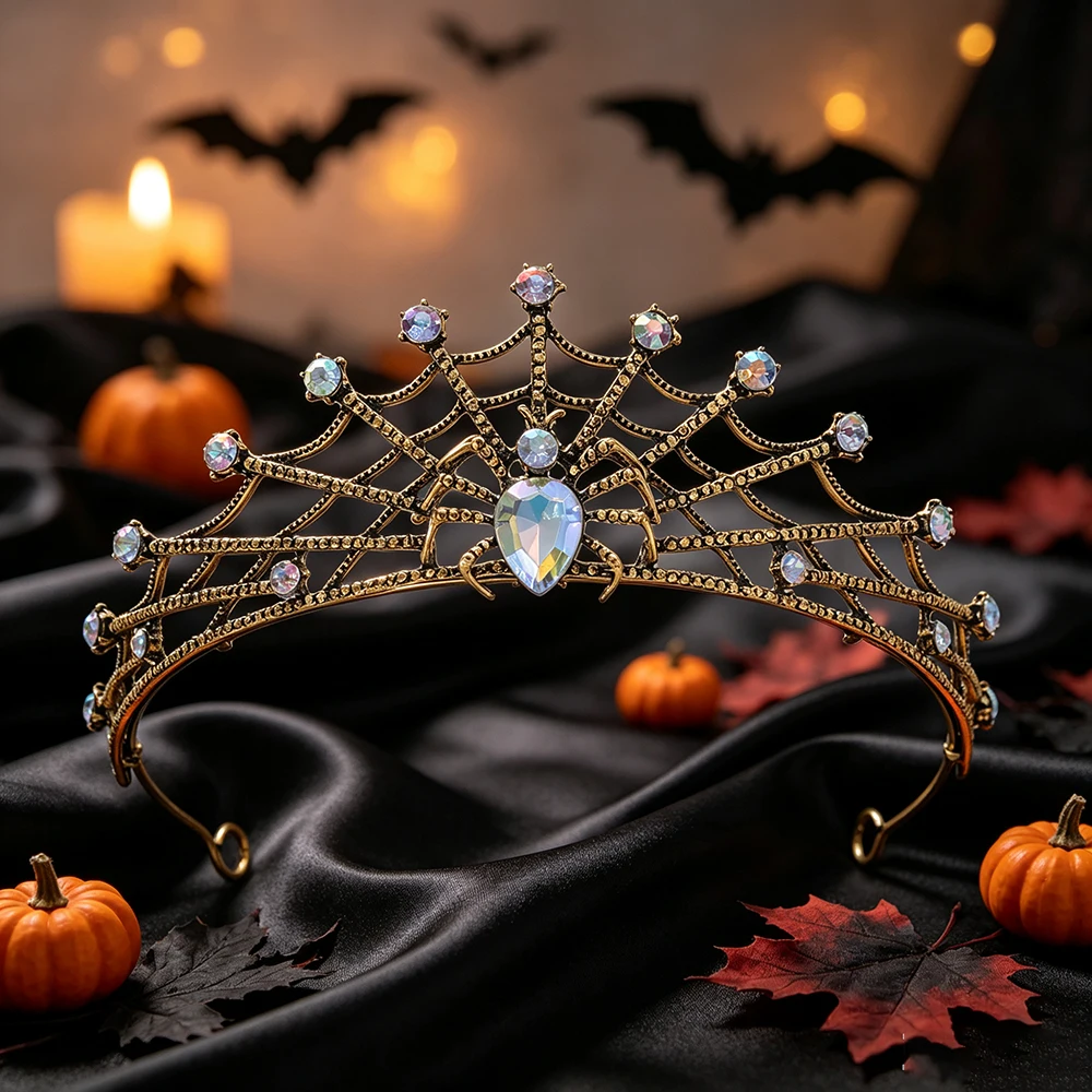 Halloween Gothic Spider Web Tiara Crystal Vintage Gold Crown Women Witch Vampire Cosplay Party Queen Headpiece Hair Accessories view 6