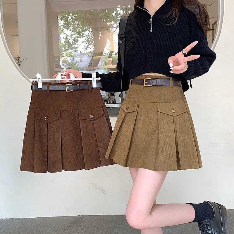 

Corduroy Pleated Mini Skirt Women Autumn and Winter New High Waist Korean Style A-line Belt Retro All-match Kawaii Tennis Skirt