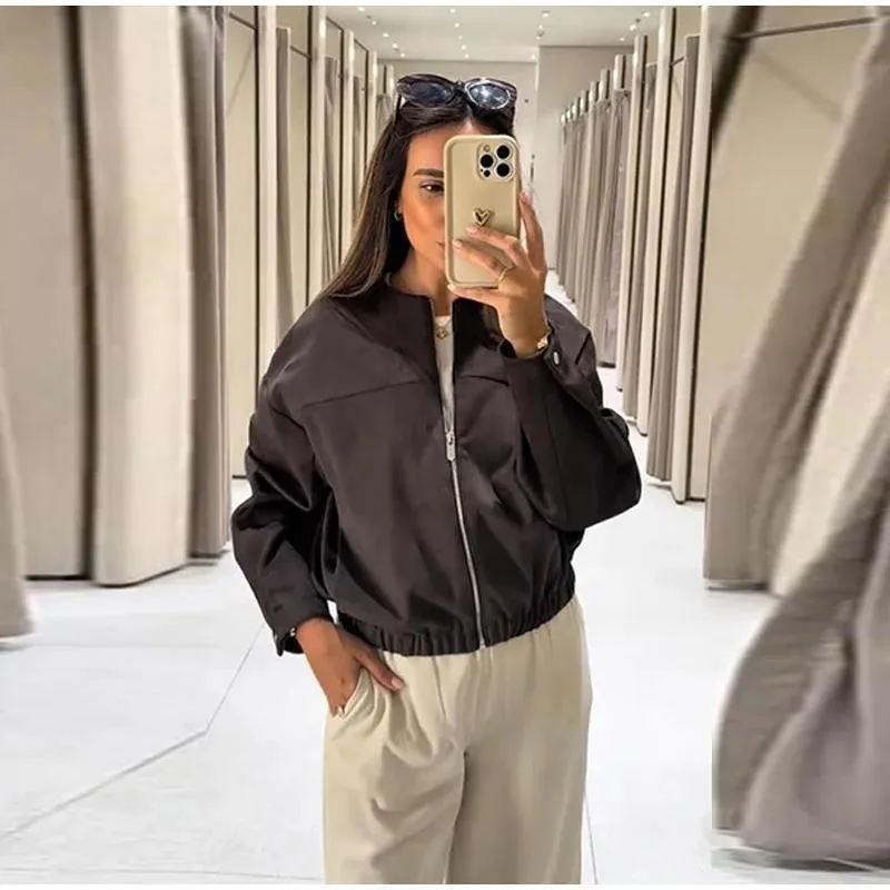 

Повседневное однотонное пальто, женская мода, винтажные куртки на молнии с длинным рукавом и круглым вырезом, новинка 2025, осень-зима, свободная лоскутная шикарная верхняя одежда