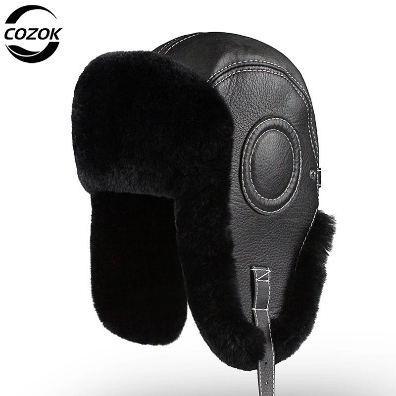 

2024 Fashion Men Real Rex Rabbit Fur Bomber Hat Ushanka Cap Trapper Russian Man Ski Hats Caps Real Sheepskin Leather Winter Warm