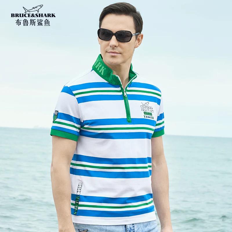 New Summer Men's Striped Polos Short Fashion Stand-up Collar Bruce&Shark Casual Straight T-shirt Breathable Men Tee Big Size 4XL