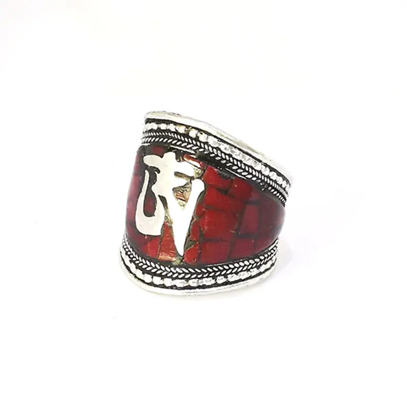 Tibetan OM Mantras Amulet Rings for Man Copper Inlaid Stone Open Ring R018