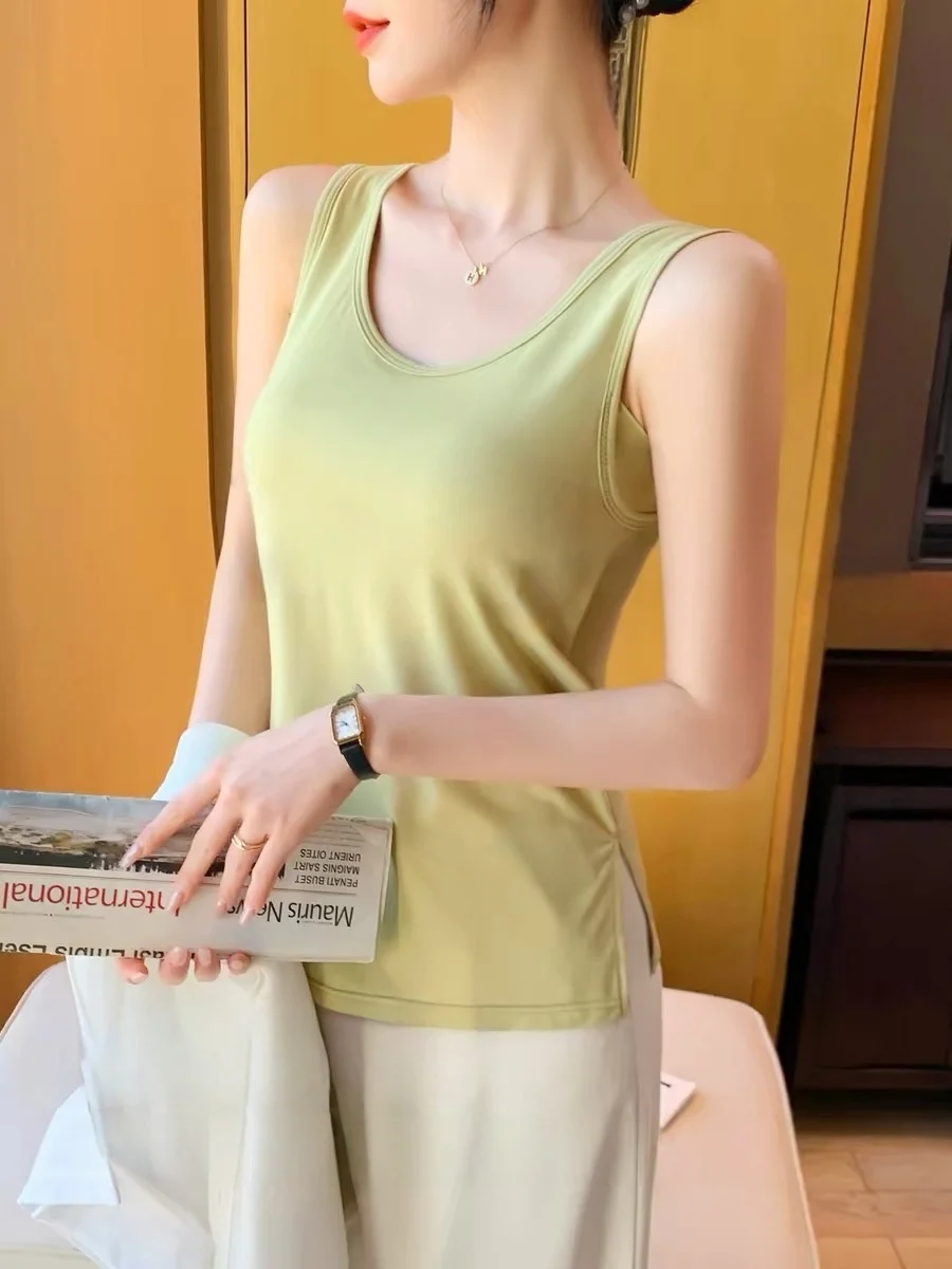 Ice Silk Strap Vest Women's Summer New Large Size Loose Hiding Underarm Sleeveless Base Shirt Casual Style U-Neck High Elasti...