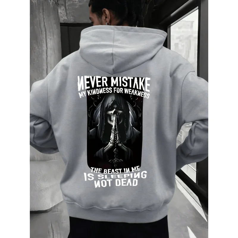 Herren-Freizeitkleidung mit Buchstaben-Print, Vintage-Outfit, Herbstkleidung für Herren: Locker sitzendes Basic-Kapuzen-Sweatshirt mit überschnittenen Schultern