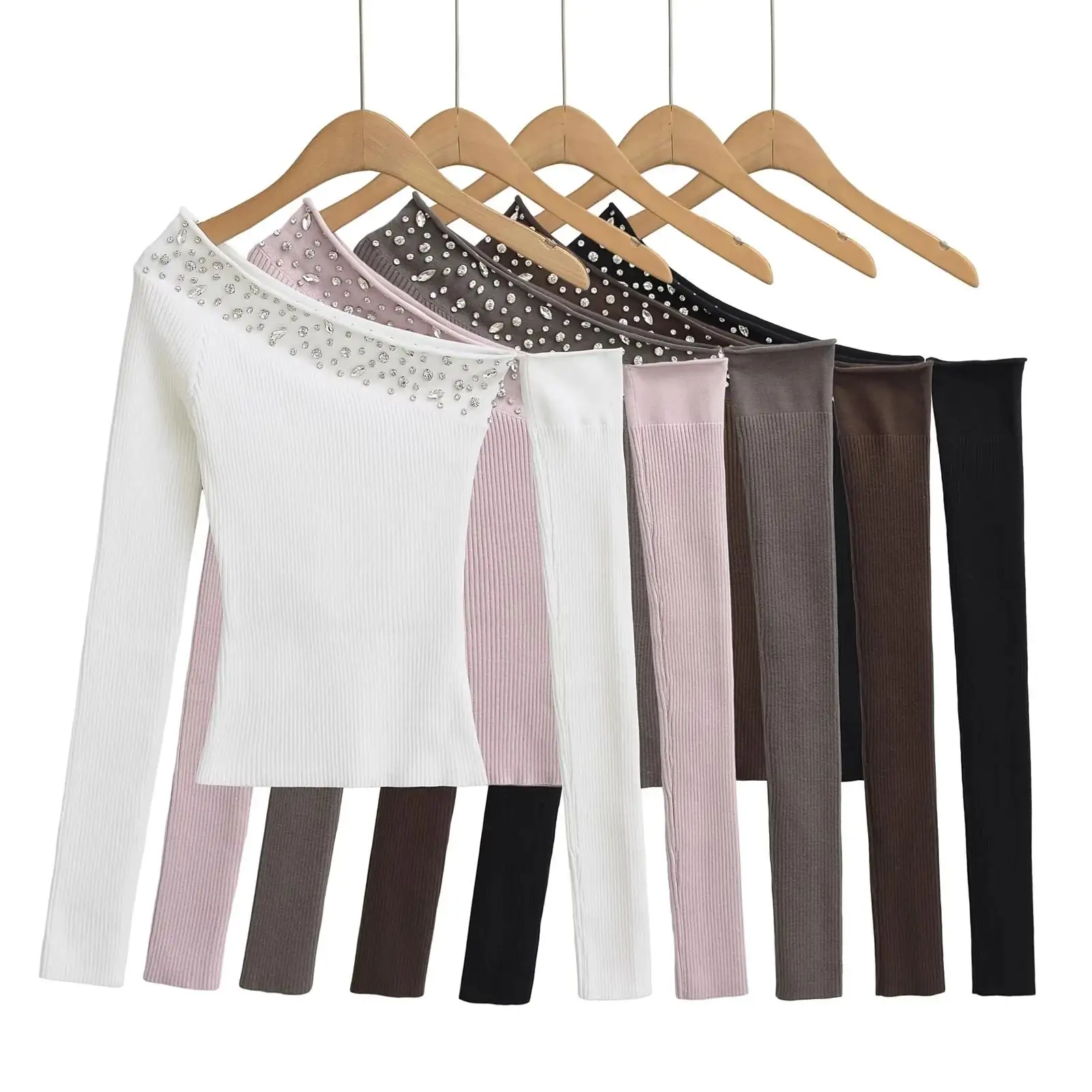 

Pure Desire Style Long Sleeve Knitted Sweater Women's Slim Fit Shoulder Baring Unique White Autumn Winter Fashion Top