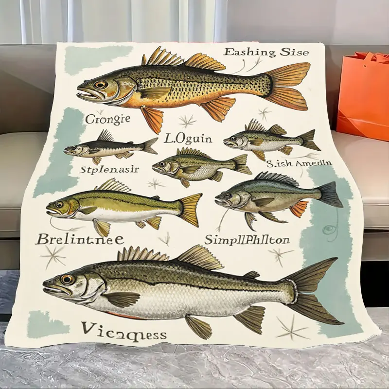

1pc Flannel Blanket Vintage Fish Illustration Blanket for Cozy Home Decor