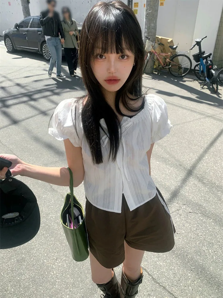 

Elegant Korean Style Pure Cotton Short Sleeve Shirt Women's White Top Bubble Sleeve Fashion Summer New Arrival Dongdaemun