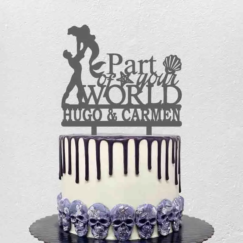 اسم الزوجين المخصص جزء من عالمك الأمير وحورية البحر صورة ظلية حورية البحر كعكة الزفاف توبر YC207