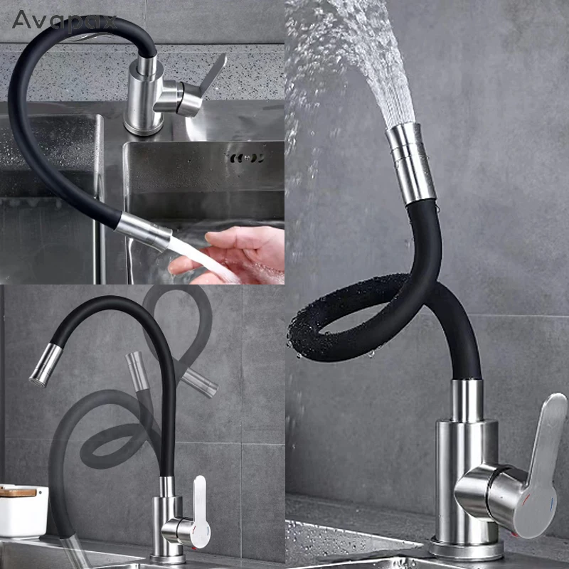 

Avapax Flexible Hose Kitchen Faucet Stainless Steel Kitchen Sink Faucet Hot Cold Water Mixer Dual Modes Nozzle Grifo Cocina