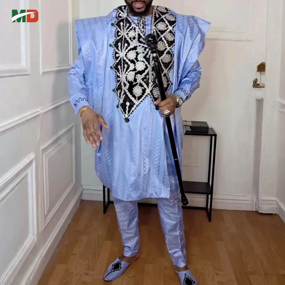 

MD африканская одежда для мужчин, традиционные комплекты Agbada, синий халат из 3 предметов, брюки Bazin Riche, вышитые костюмы для свадебной вечеринки, большие размеры