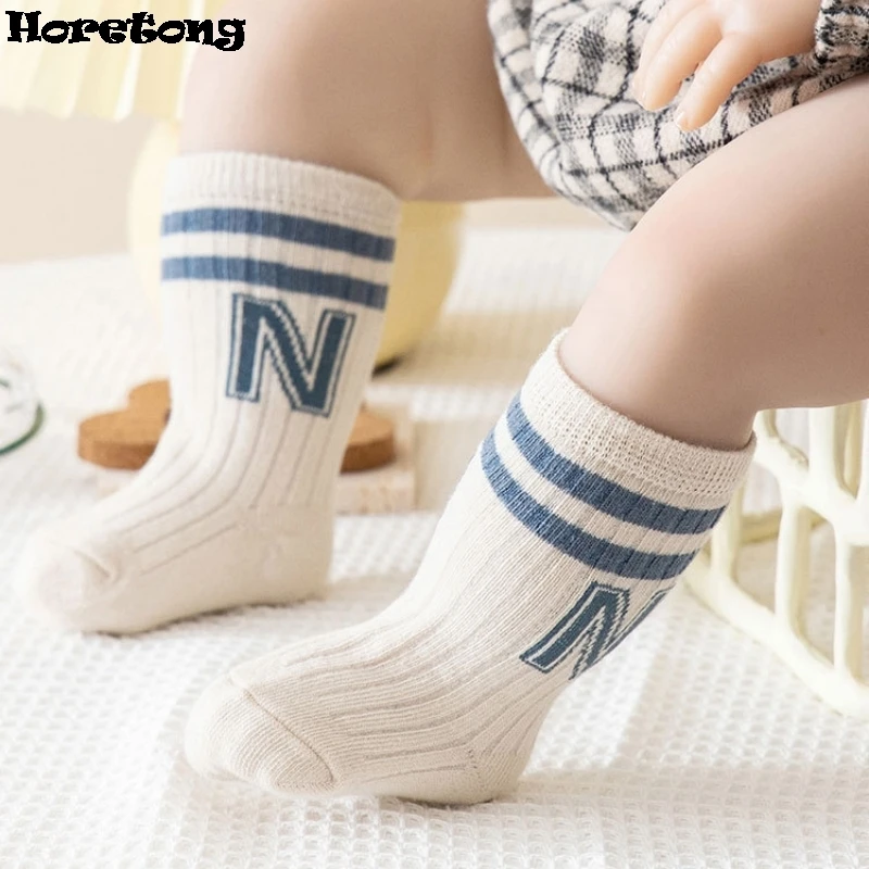 Horetong 3 Pairs Baby Letter Socks Knit Soft Cotton Sock Kids Middle Tube Socks Infant Toddler Baby Boys Girls Cute Stripe Socks