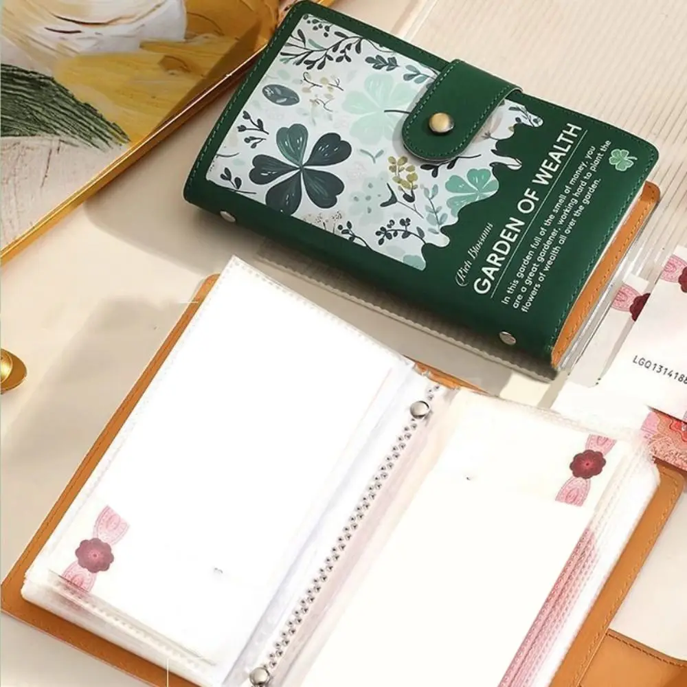 Leather 100 Envelopes Saving Money Binder Refillable Flower Printed Money Challenge Book Loose-leaf Magnetic Buckle