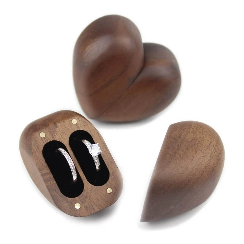 Elegant Heart Shaped Walnut Wood Jewelry Box for Engagements Wedding Anniversaries Travel Jewelry Box Heart Rings Holder