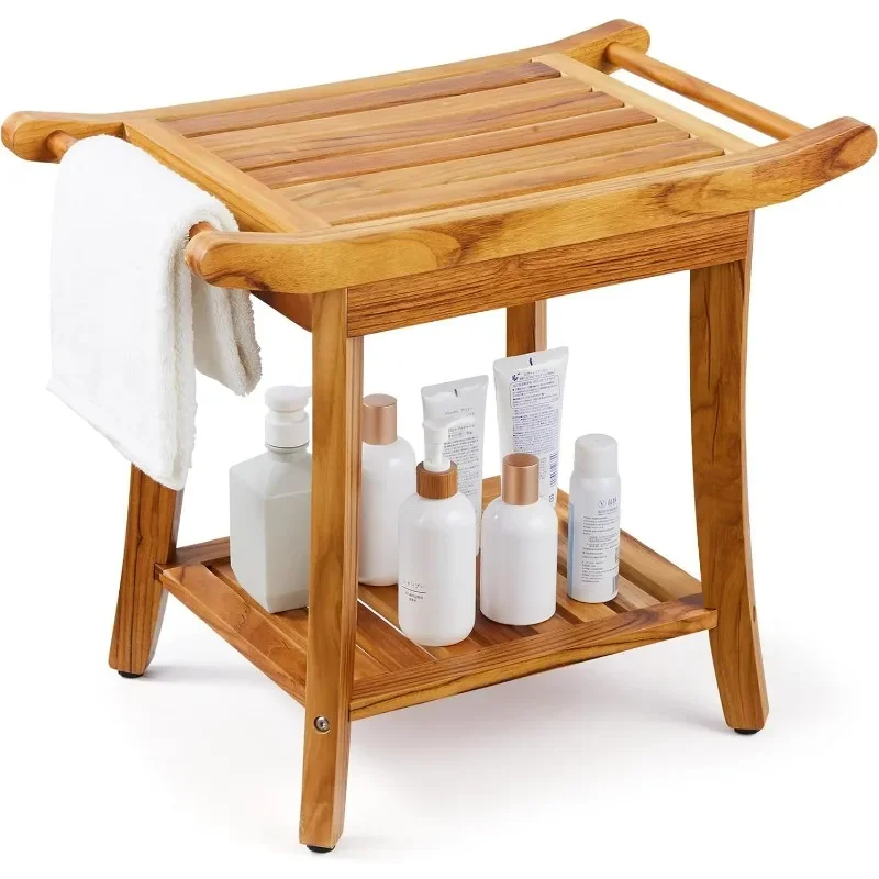 

Shower Bench with Handles, 22in Waterproof Wood Shower Stool with Storage Shelf Non-Slip Feet, 300 Lbs Load Capacity Shower