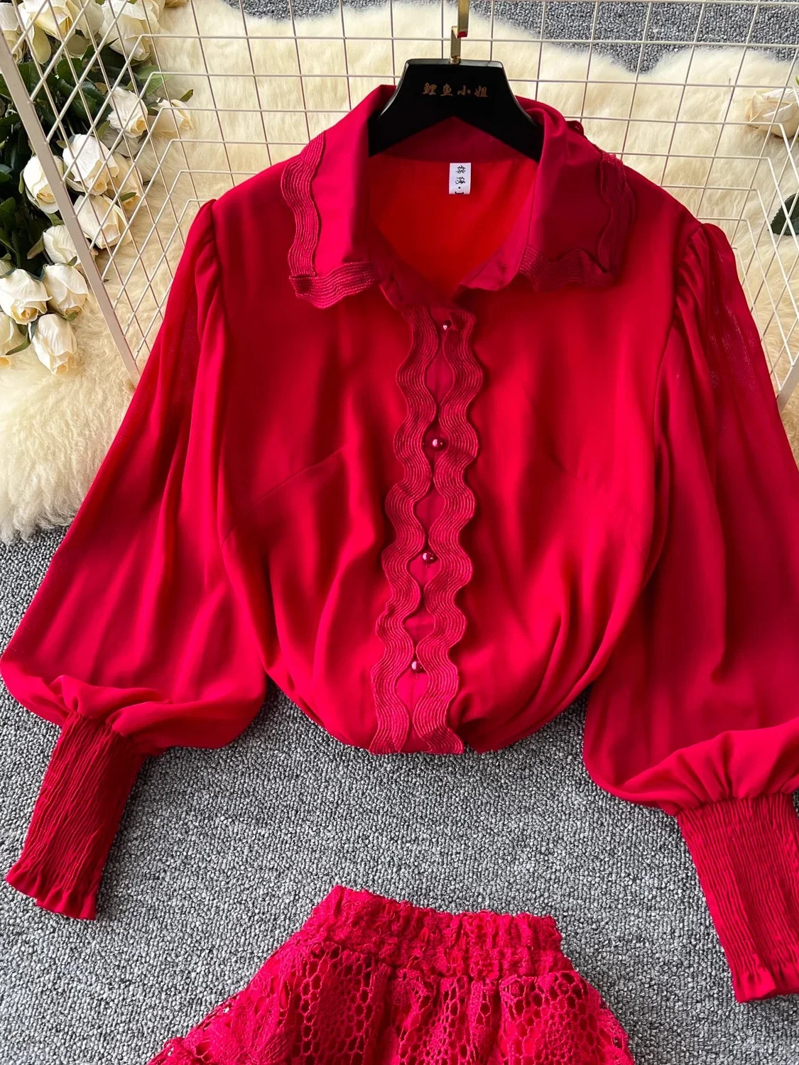 Autumn Women Red/Brown/White/Pink Lace Two Piece Set Elegant Turn-Down Collar Single Breasted Blouse + High Waist Ruffle Skirt