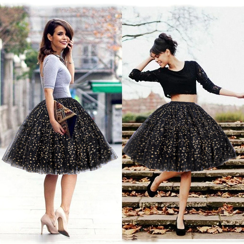 MISSHOW Gold Star tiulowe spódnice 2024 moda wielowarstwowa bufiasta halka Midi podkoszulek Rockabilly na imprezę bal Tutu kobiety