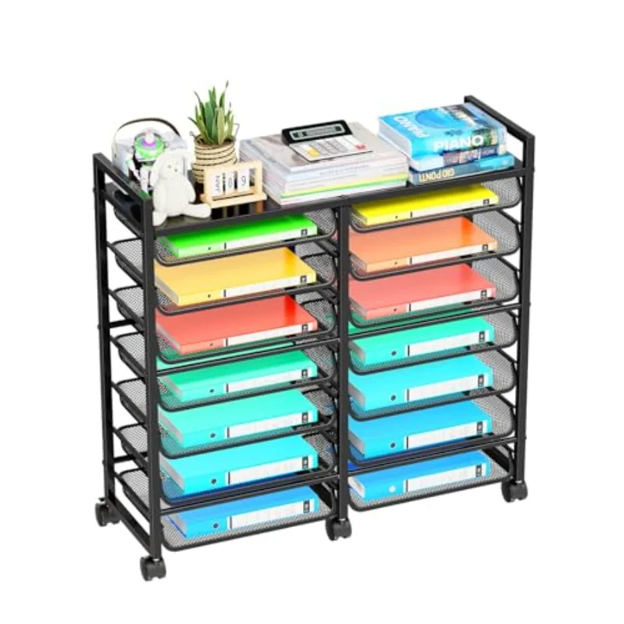 

Rolling File Storage Cart 15-Tier Metal Desk File Organizer with 14 Mesh Sliding Trays Multi-Functional Clutter Cart for Office