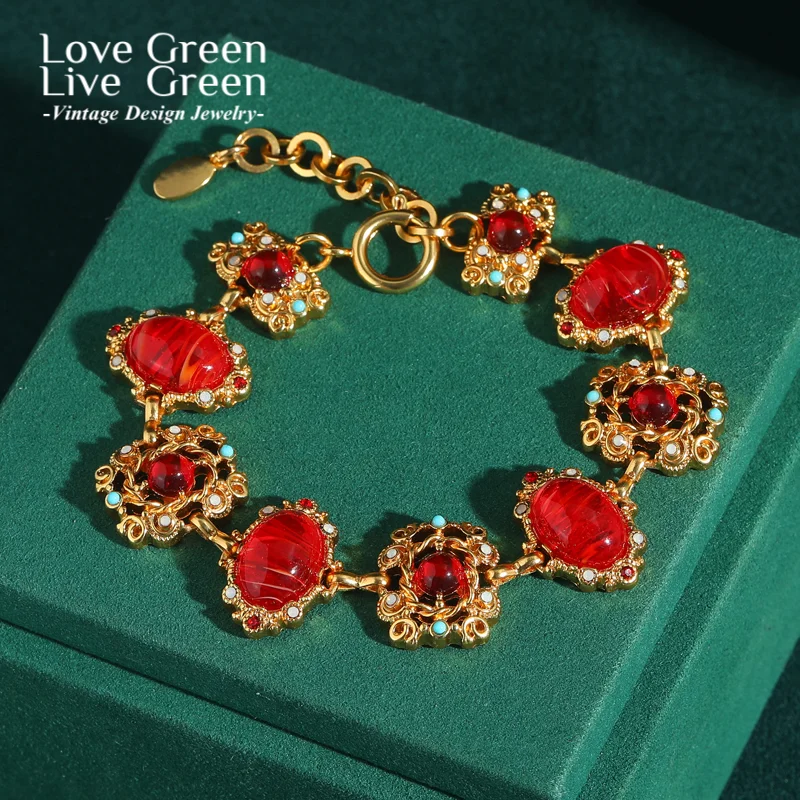 

Vintage Red Glass Charm Bracelet Bohemian Jewelry Woman Antique Gold Color Rhinestone Accessories Mothers Day Gift 2025 Trend