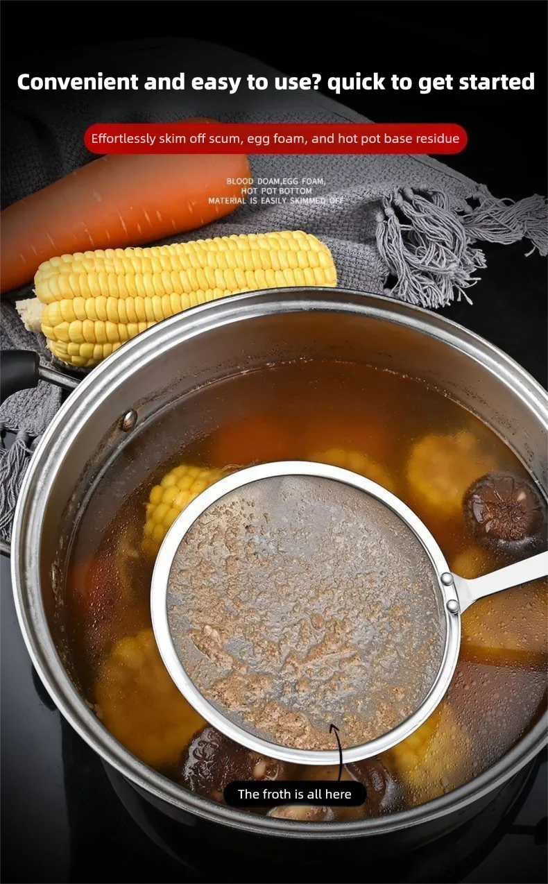 Filter Scoop Edelstahl Fettskimmer Löffel Feinmaschiges Sieb Lebensmittelsieb mit Griff Küche Ölskimmer Sieb – Detail 6
