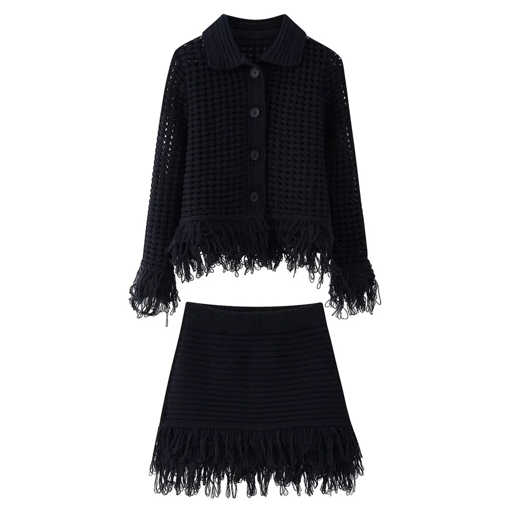 

2025 New Women's Clothing European and American Style Fashion Design Tassel Decoration Collar Knitted Coat&Short Skirt Set