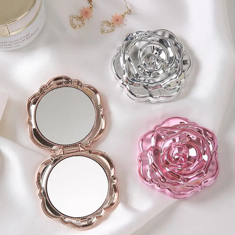 Portable Mini Mirror Retro Rose Flower Small Pocket Makeup Mirror Double Sided Hand Mirrors Compact Cosmetic Beauty Tool Gift