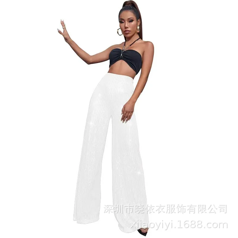 New Women's Solid Color Wide-leg Pants Casual Fashion Elegant Black Sequins Holiday For Women Long Pant Womens Clothing