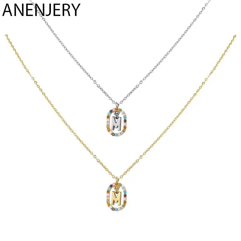 ANENJERY Colorful Cubic Zircon 26 Capital Letter Pendant Necklace For Women Silver Color Choker Chain Jewelry Wholesale