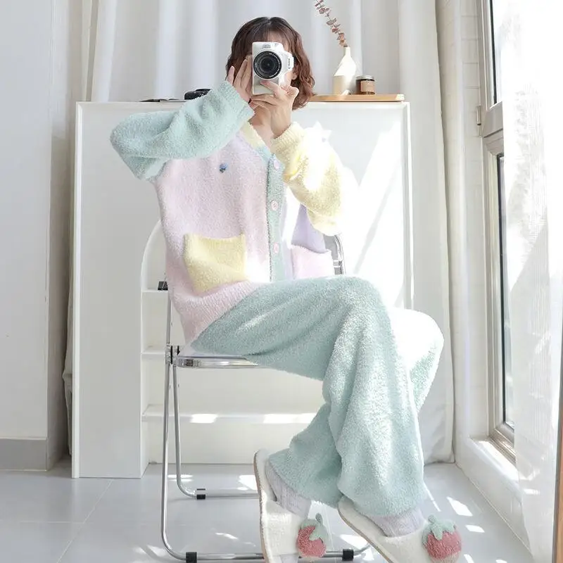 

Новый пижамный комплект, женский пижамный комплект, женские теплые зимние пижамы, модная домашняя одежда, пижамы, милый и мягкий пижамный комплект Dopamine