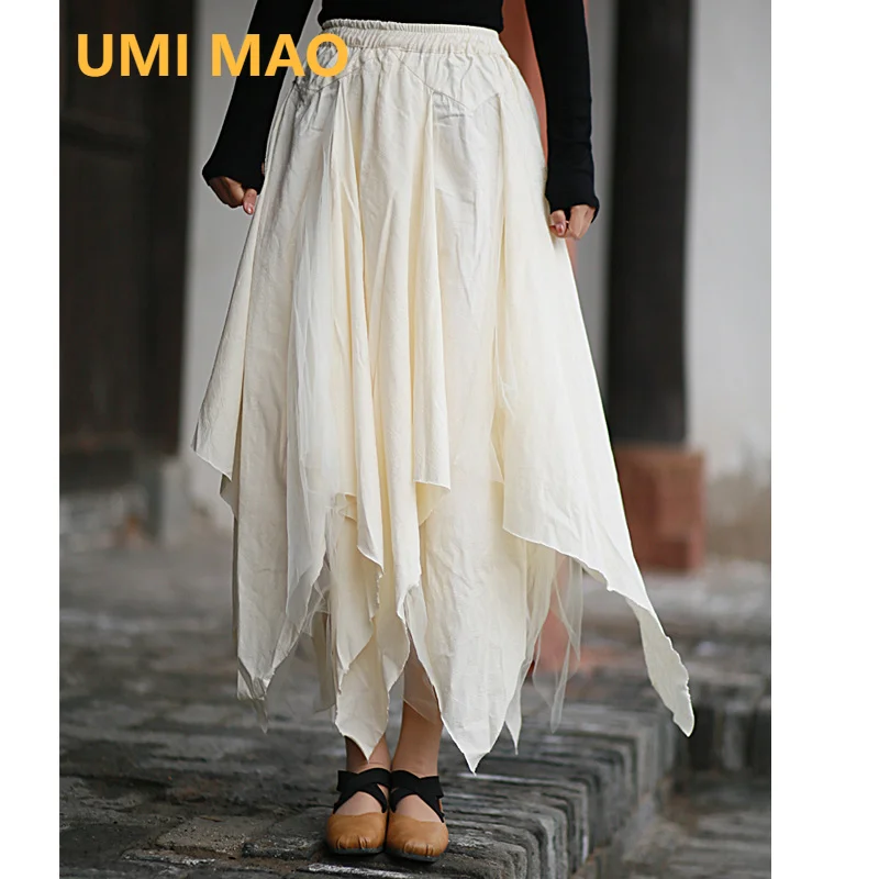 

UMI MAO Cool Wind New Chinese Irregular Jacquard Design Mesh Spliced Large Swing Skirt For Women Femme