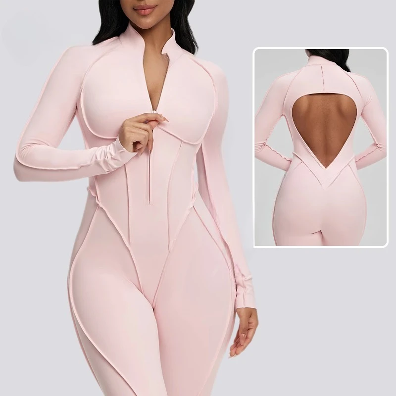 

One-piece Fitness Tights Backless Jumpsuit Breathable Zipper Front Gym Fitness Jumpsuit Women's Yoga Jumpsuit