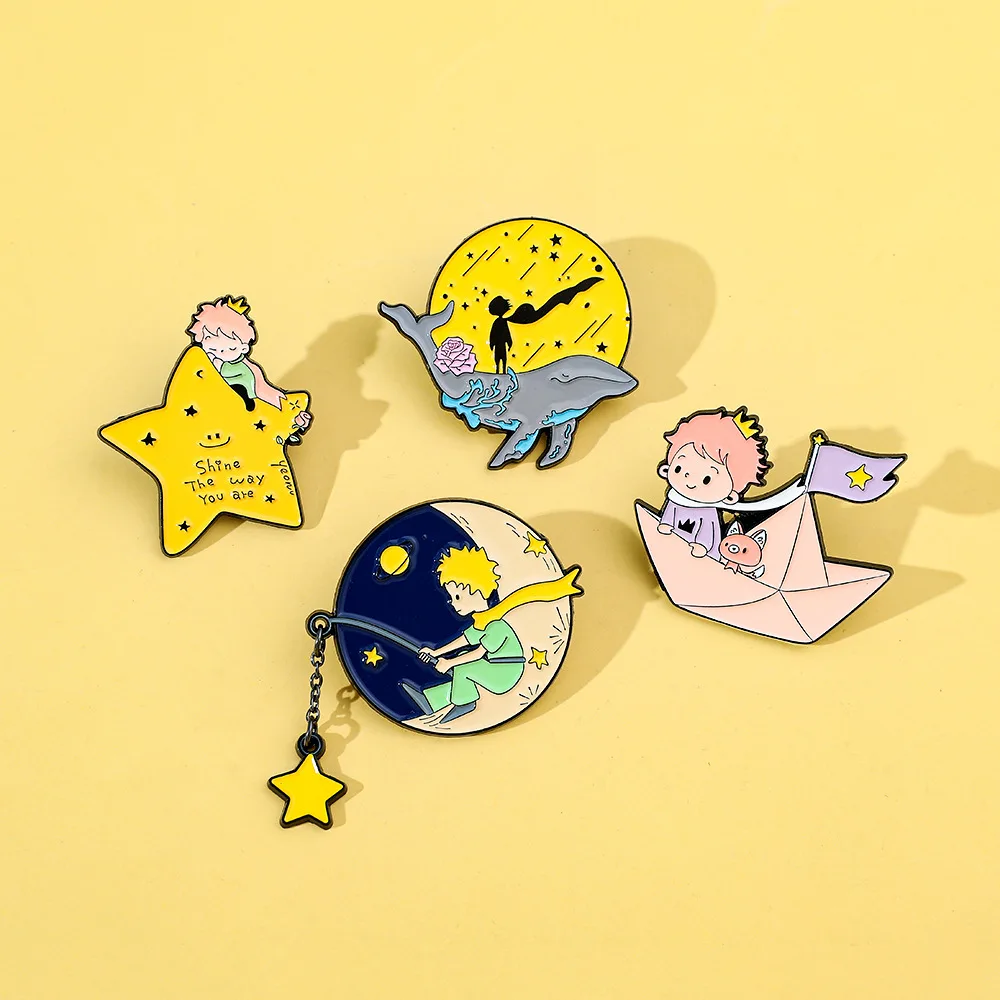 1 Set Prince Fox Enamel Pins Custom Moon Star Paper Boat Whale Brooches Lapel Badges Cartoon Jewelry Gift for Kids Friends