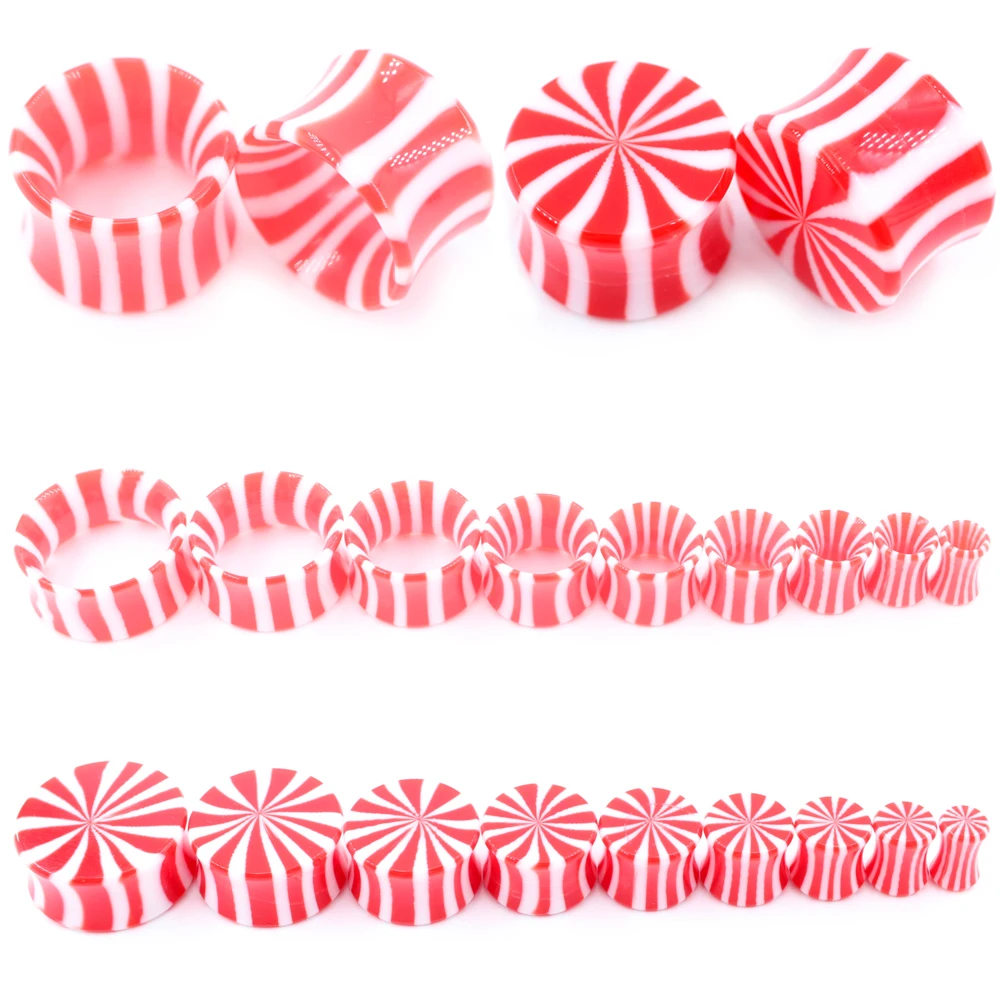 2PCS Acrylic Spiral Red White Stripes Solid Hollow Flared Ear Plug Tunnel Expander Stretcher Earring Gauge Piercing Body Jewelry