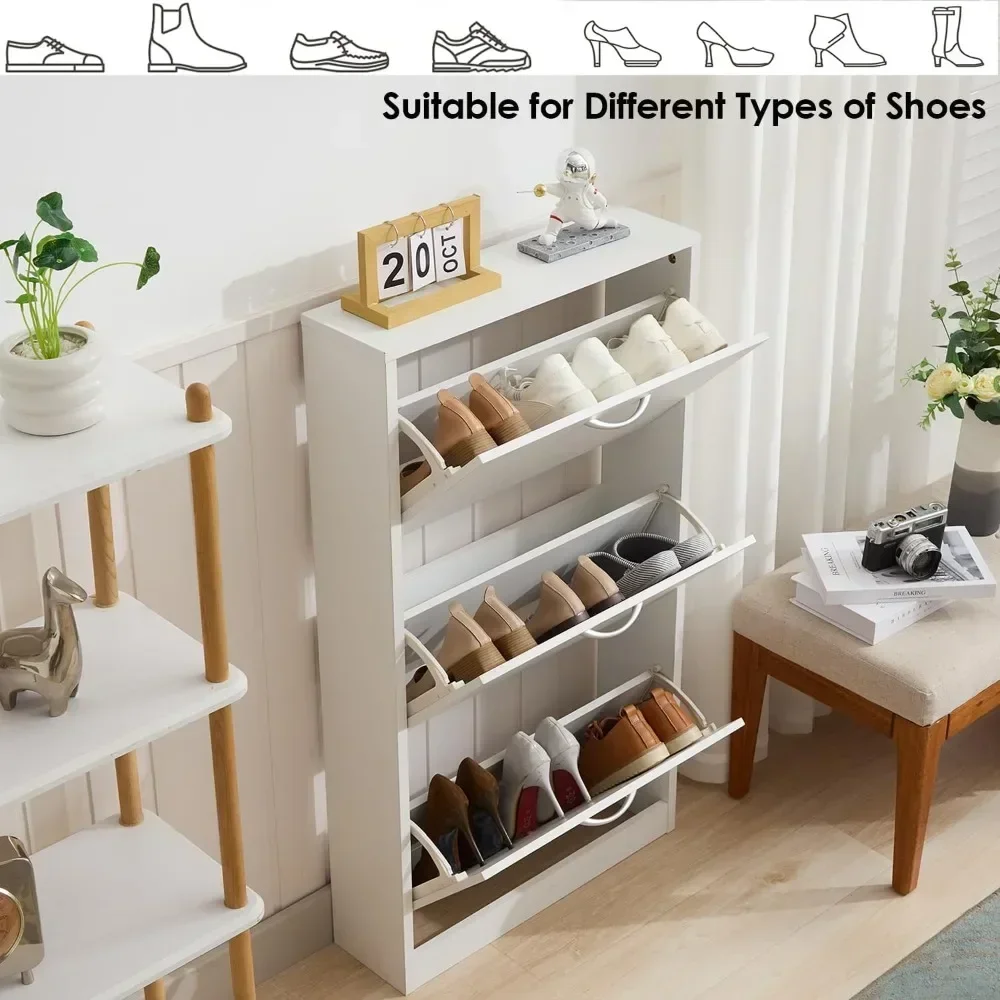 Shoe Cabinet Storage for Entryway, Flip Down Shoe Rack Wood 3 Tier White Shoe Organizer