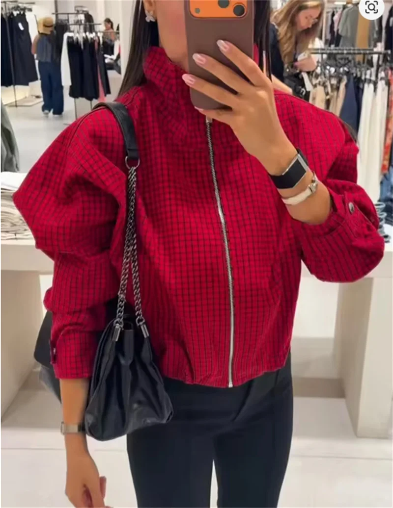 Guobioziy 2026 Women's Jacket Fall New Red Plaid Long-Sleeve Stand Collar Loose Jacket Parka Casual Fashion Unique