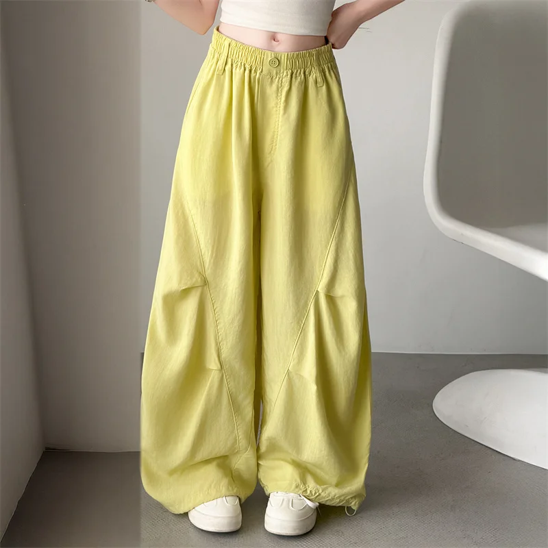 Summer Junior Girls Solid Color Casual Pants Tencel Cotton Linen Teenage Girl Hip Hop Wide Leg Pants Kids Loose Trousers Clothes