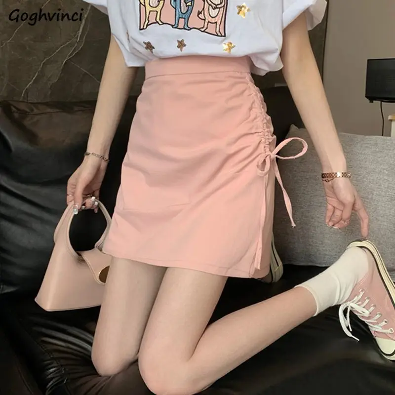 

Pink Mini Skirts Women Solid Summer A-line Shirring High Waist Korean Style Hot Sweet Girls Leisure Chic Slim Jupe Ulzzang BF