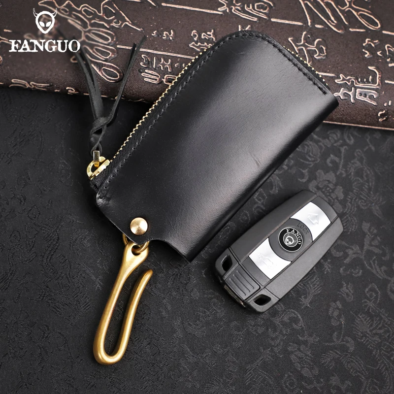 100% Genuine Cowhide Leather Car Smart Key Case Multifunctional Men Key Holder Zipper Male Housekeeper Keys Pouch