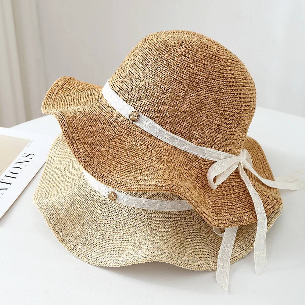 Large Brim Japanese Style Adult Bucket Hat Summer Women's Sun Protection Foldable Hats with White Ribbon Bow Outdoor Applicable